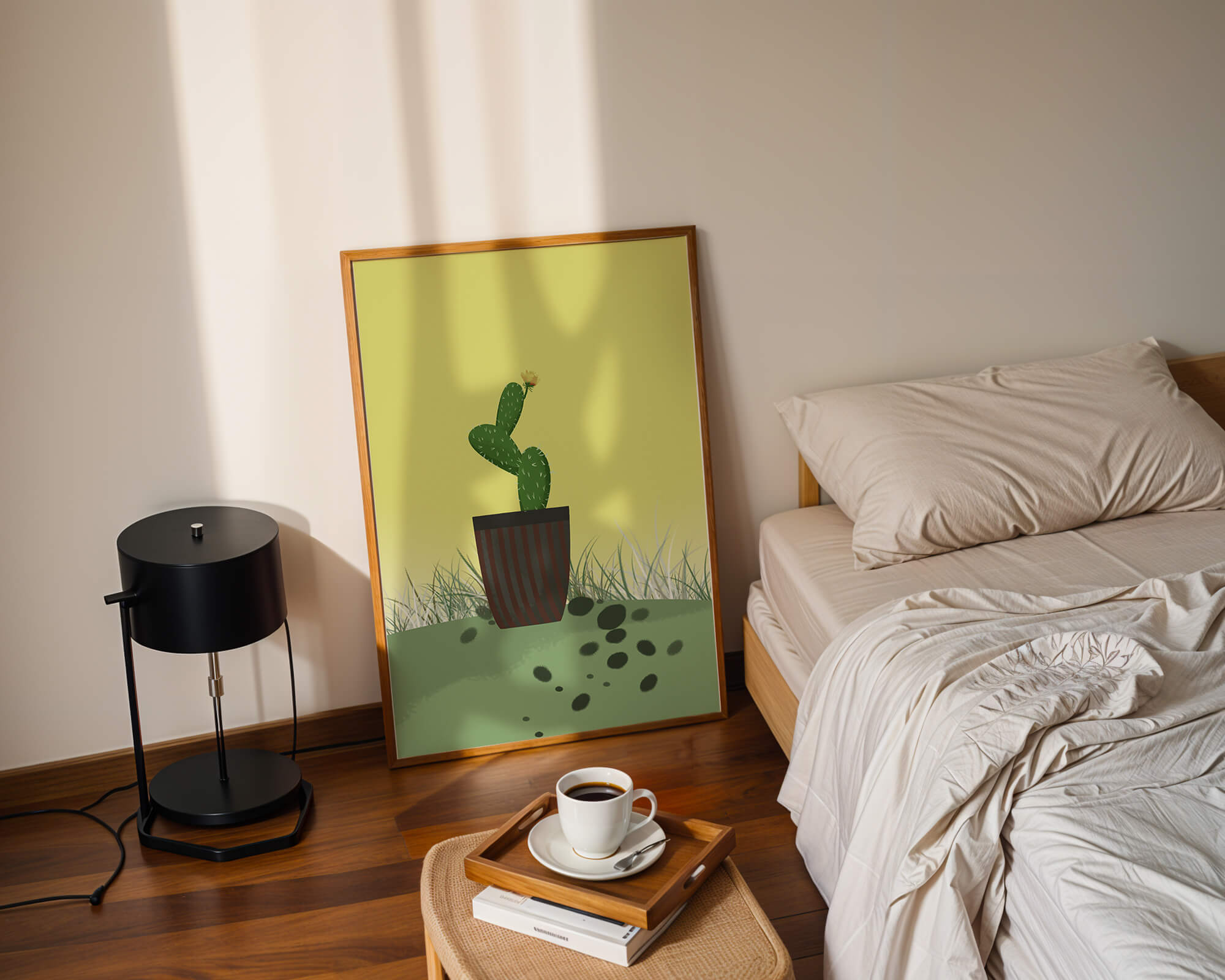 Illustration of a potted cactus with flower on soft background