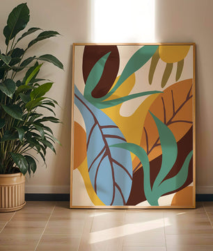 Abstract botanical design with colorful leaves and organic shapes