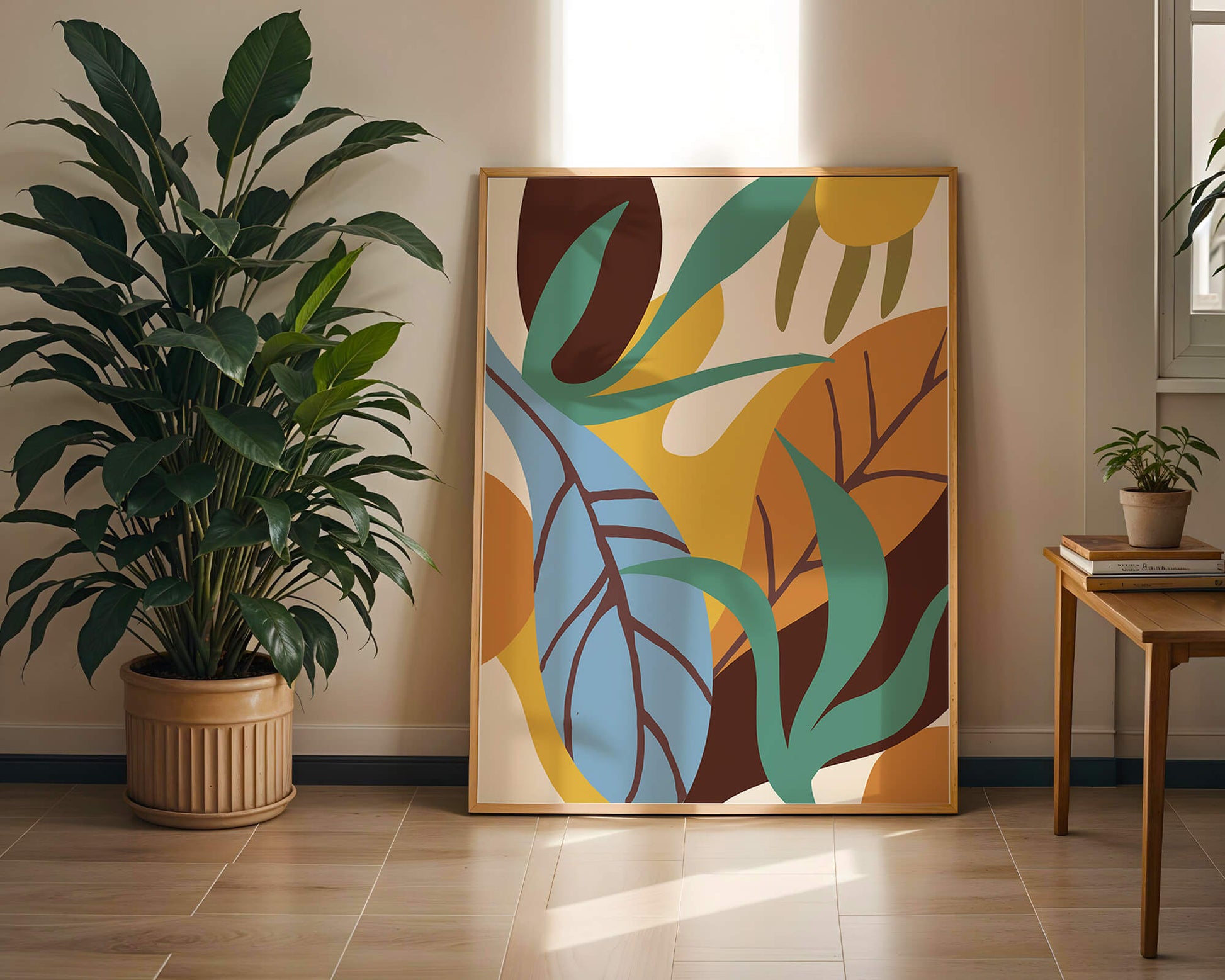 Abstract botanical design with colorful leaves and organic shapes