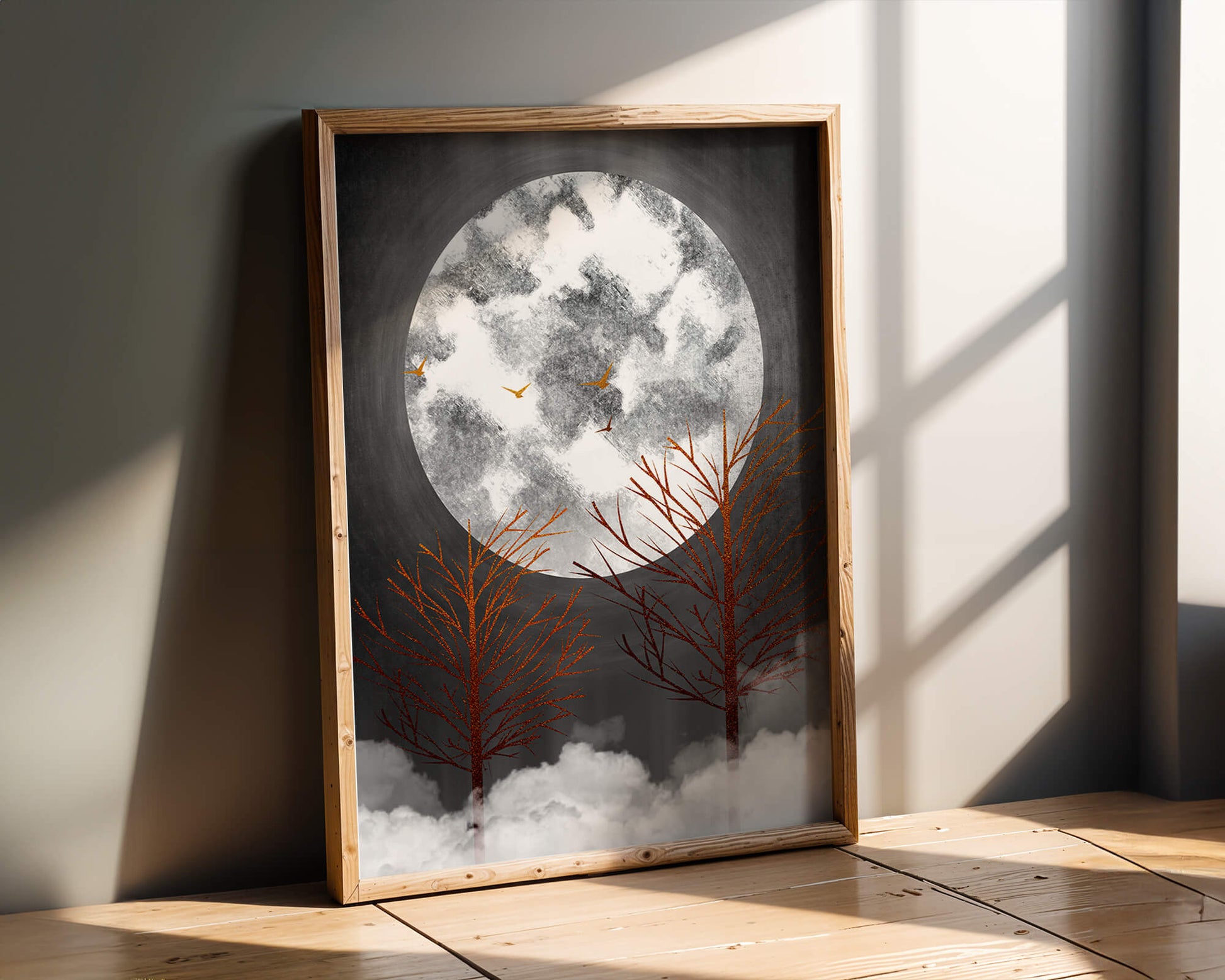Surreal Night Scene with Trees and Golden Birds in Moonlight