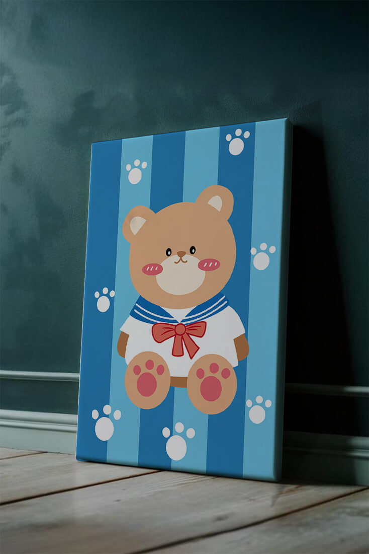 Adorable cartoon bear with sailor suit against striped background