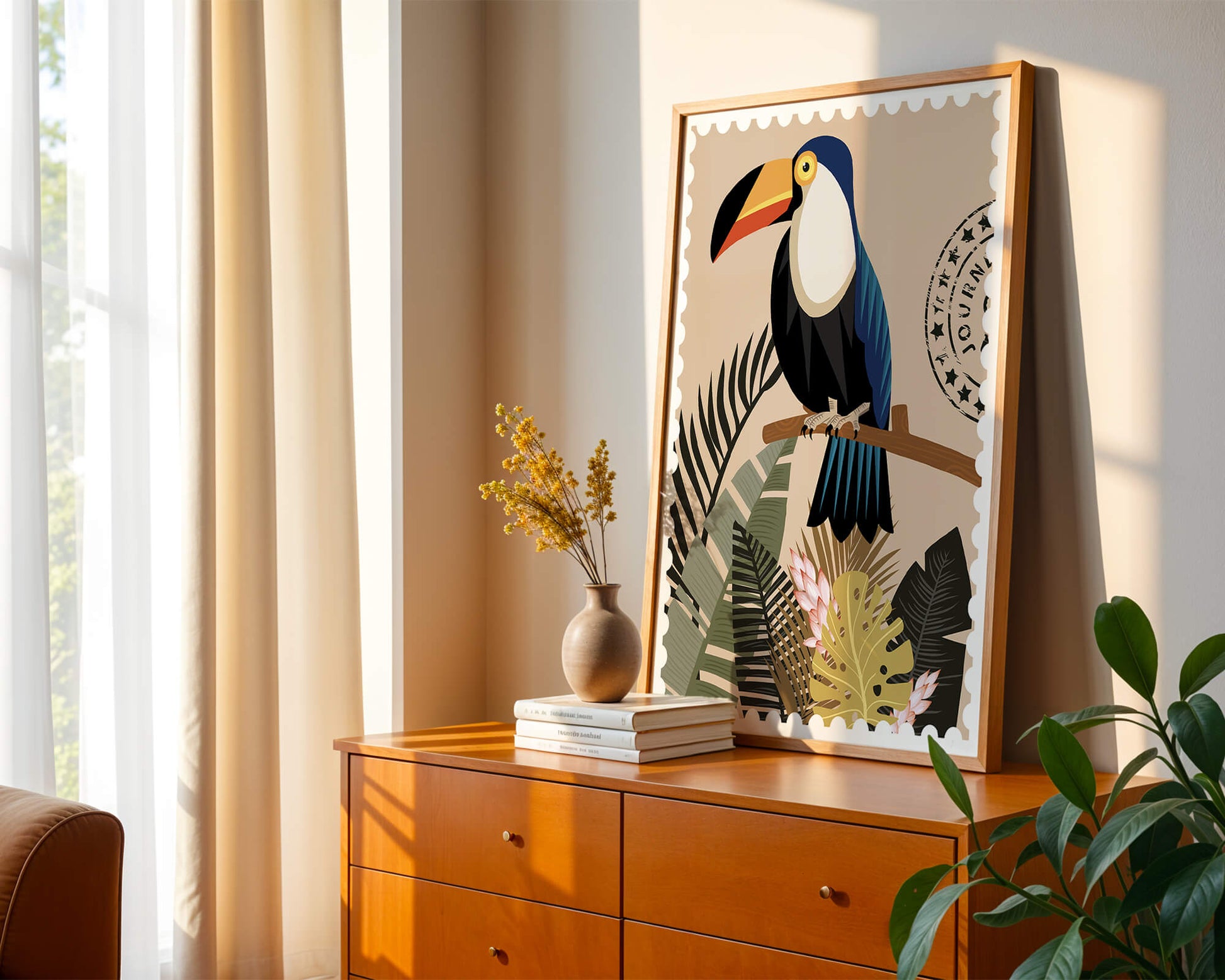 Colorful Toucan Surrounded by Tropical Leaves with Travel Stamp