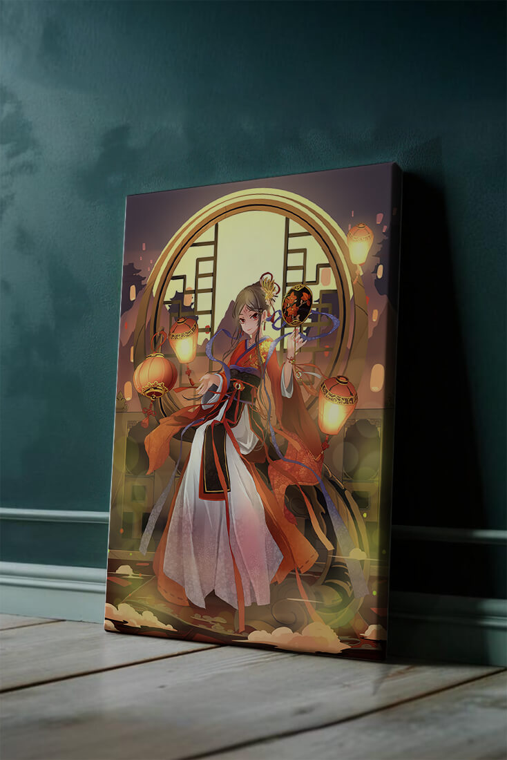 Elegant Asian-inspired fantasy artwork with lanterns