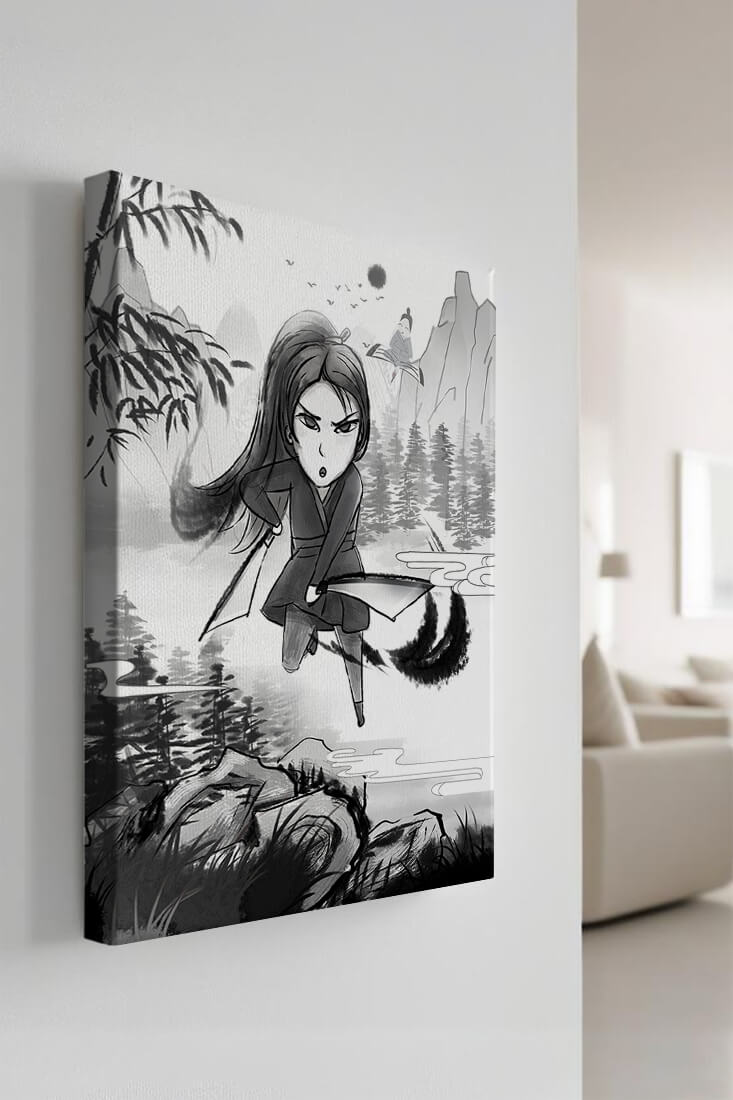 Warrior In A Mystical Landscape With Mountains And Rivers