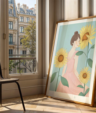 Ilustración de una mujer en un vestido rosa con girasoles