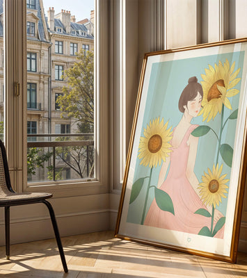 Illustration of a woman in a pink dress with sunflowers