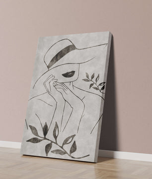 Abstract Woman in Hat with Minimalist Leaf Design