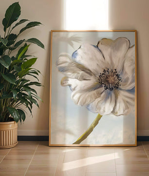 Art captivant de fleurs blanches avec des nuances de bleu sur un fond pastel