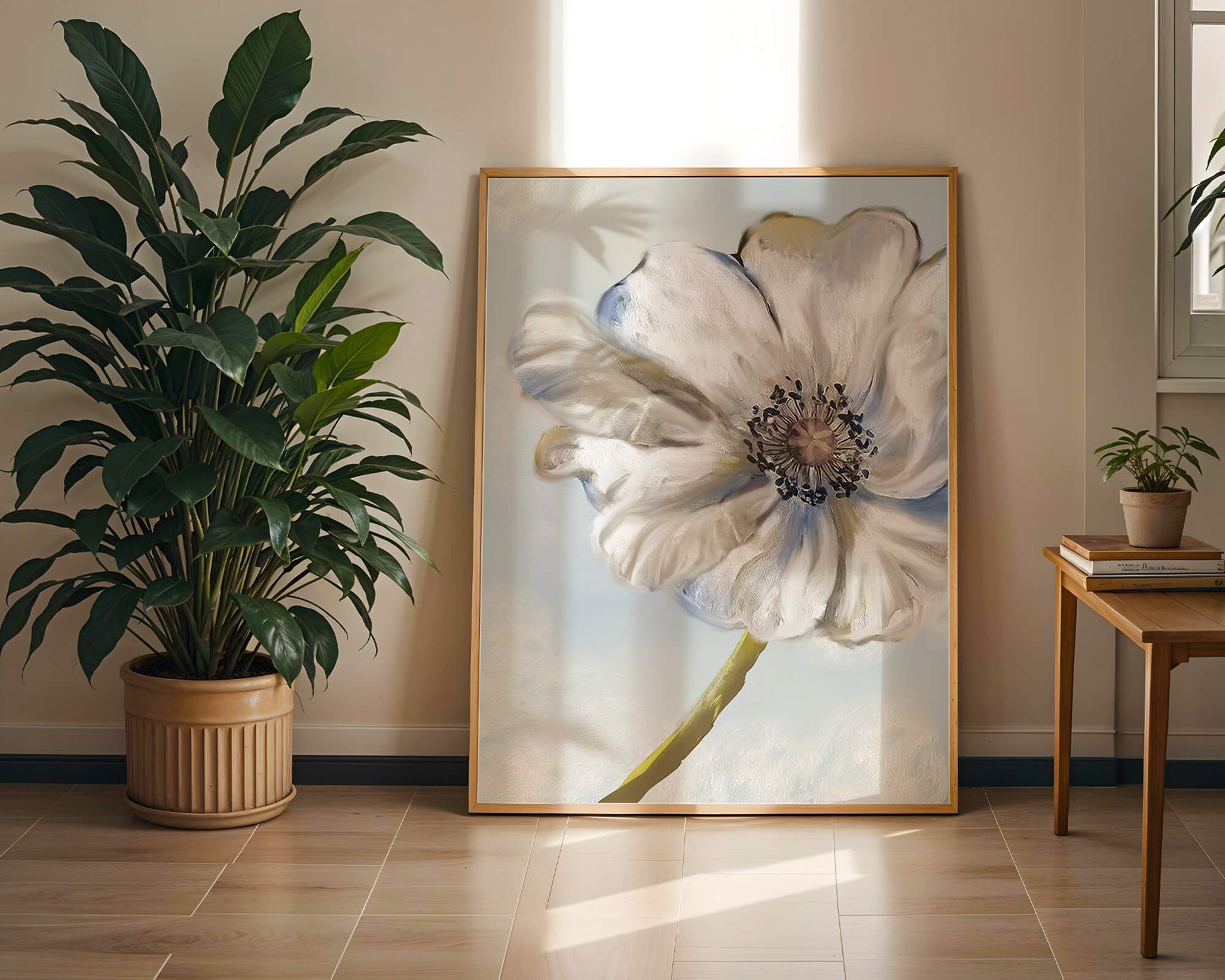 Captivating white flower art with blue hues on a pastel background