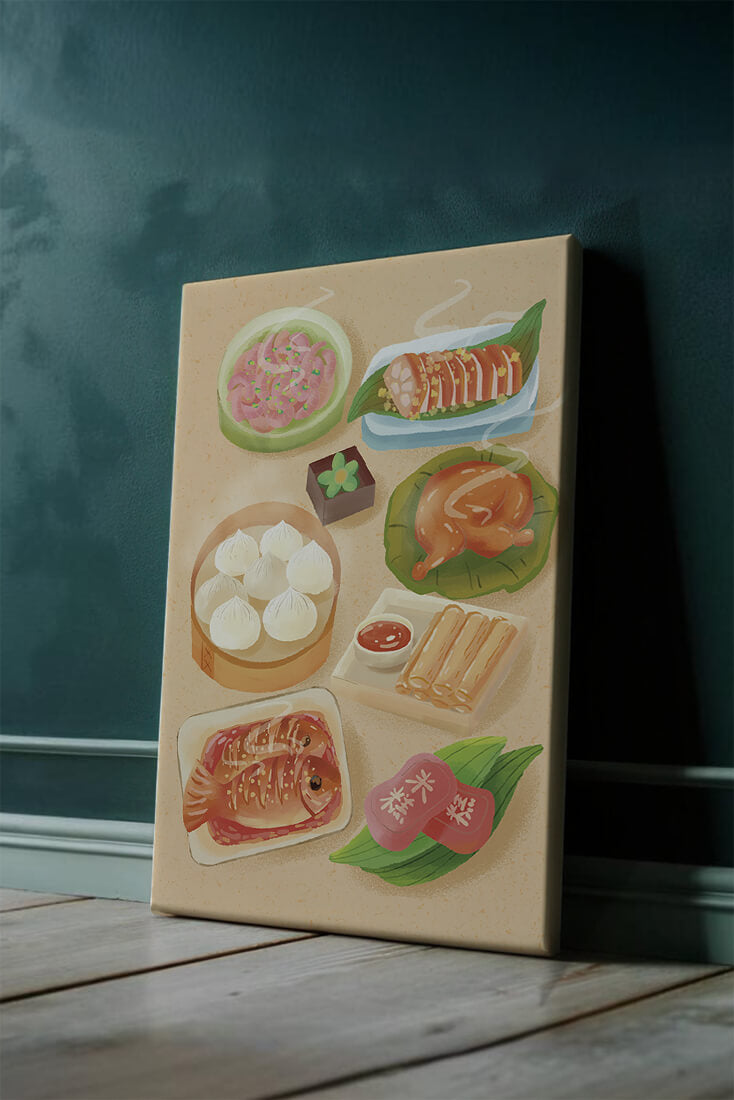 Colorful Representation of Asian Cuisine with Various Dishes