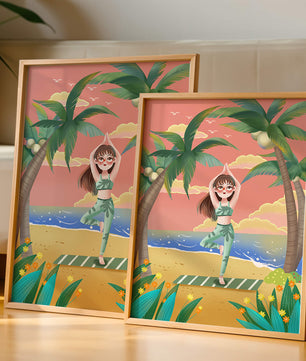 Escena de yoga tranquila en una playa tropical al atardecer