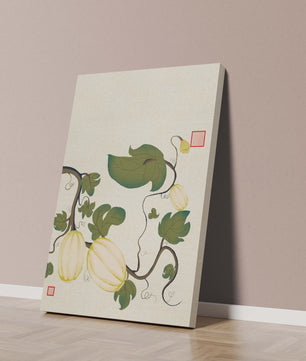 Illustration botanique élégante de melons et de vignes sur un fond texturé