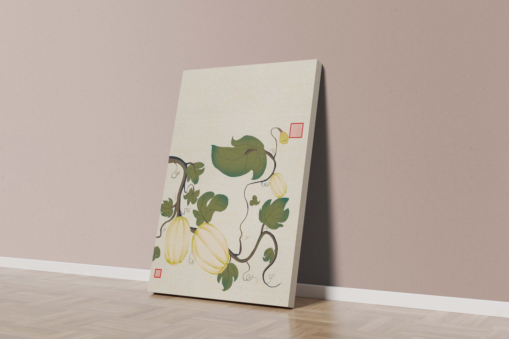 Illustration botanique élégante de melons et de vignes sur un fond texturé