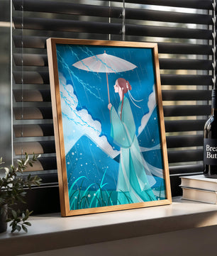 Porträt einer Frau mit Regenschirm in einer verregneten Berglandschaft