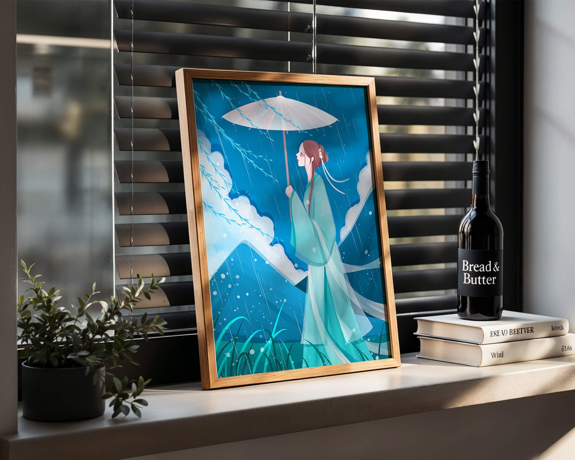 Porträt einer Frau mit Regenschirm in einer verregneten Berglandschaft
