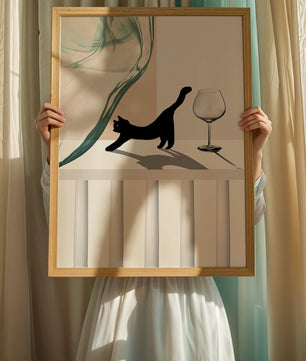 Composición abstracta con gato negro y copa de vino sobre fondo geométrico