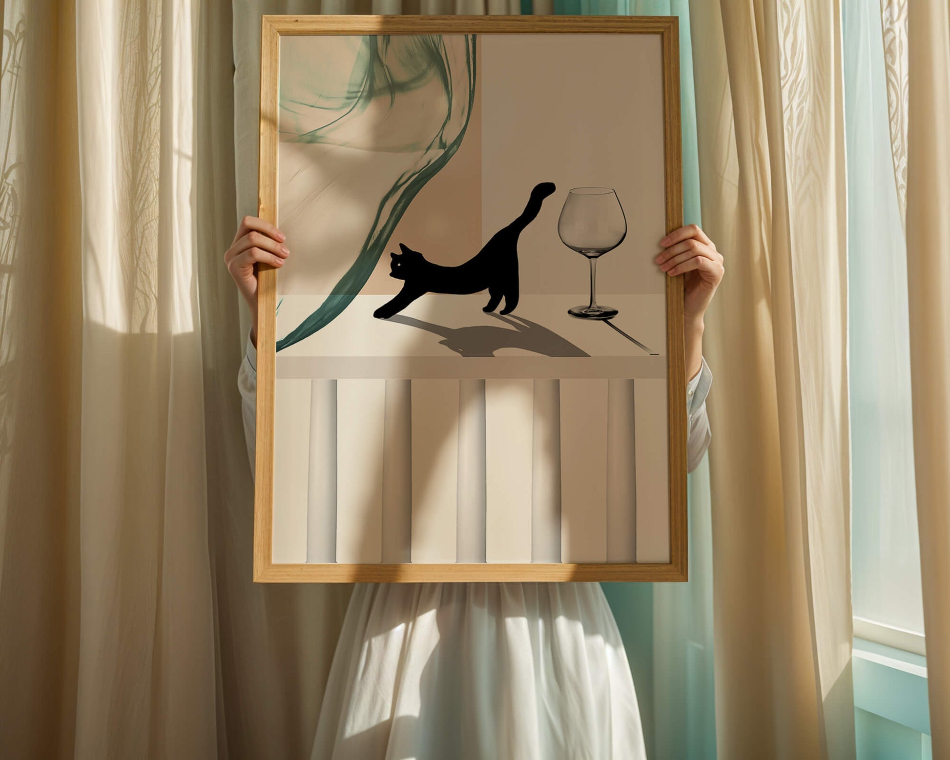 Abstract Composition with Black Cat and Wine Glass on Geometric Background