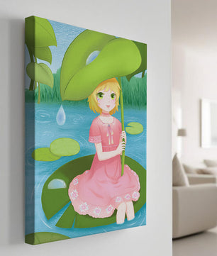 Whimsical Illustration of a Young Girl in a Pink Dress Sitting on a Lily Pad