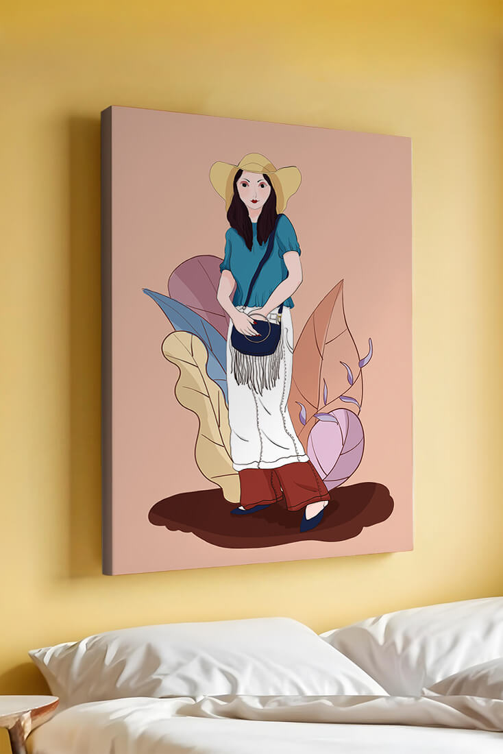 Ilustración de moda de una mujer con sombrero sobre fondo pastel
