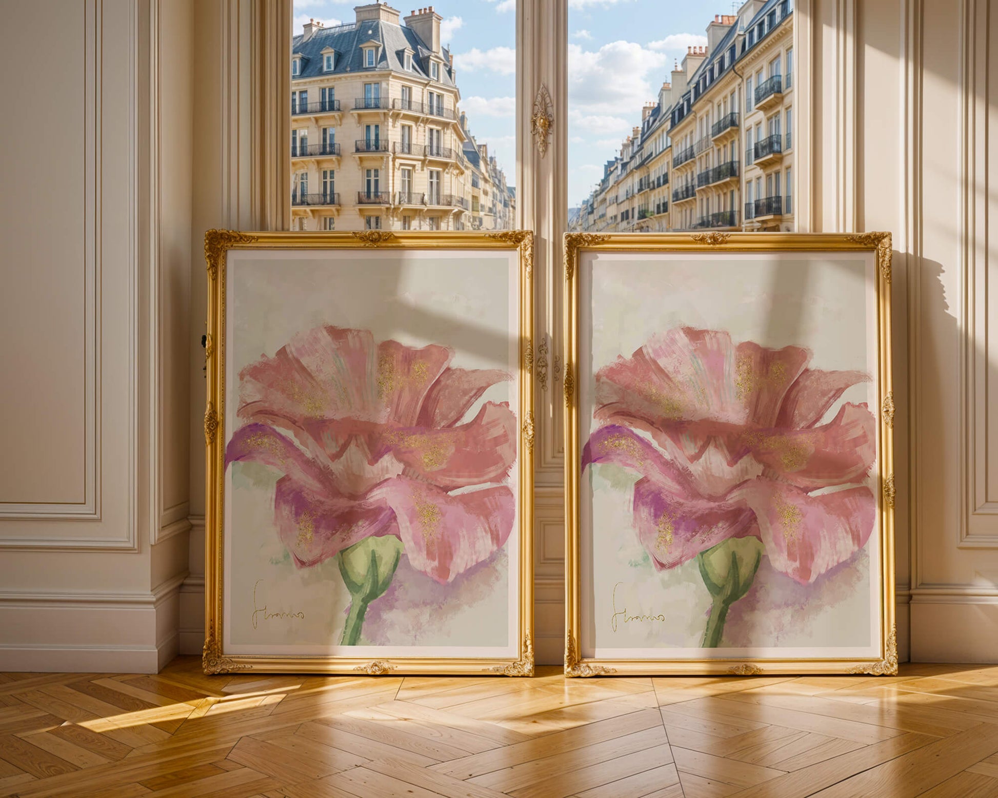 Beautiful pink flower painting with golden accents