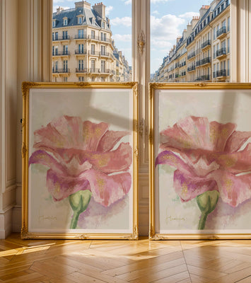 Beautiful pink flower painting with golden accents