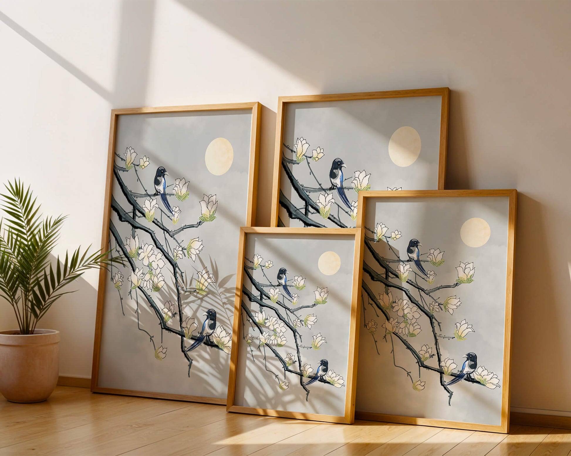 Birds on blossoming branches under a serene moonlit sky