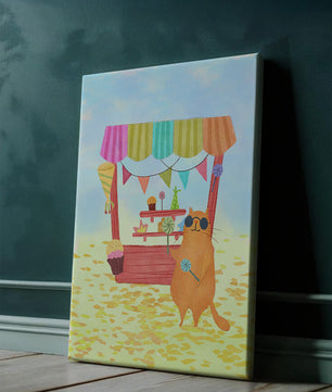 Gato ilustrado con gafas de sol en un puesto de dulces colorido