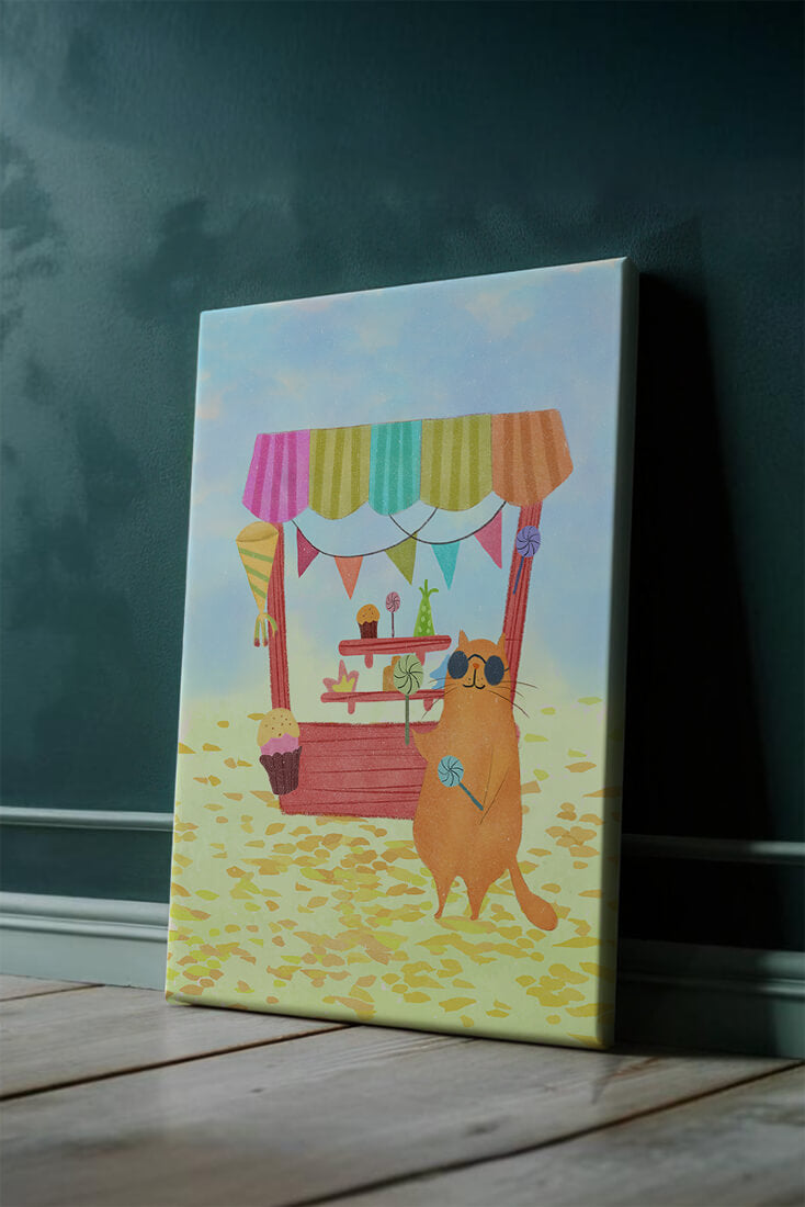 Illustrated Cat with Sunglasses at a Colorful Candy Stand