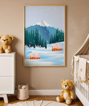 Winter Mountain Landscape with Snowy Cabins and Forest - Mi tienda