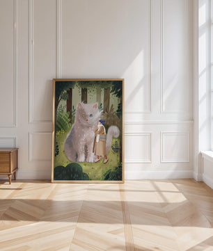 Verzauberter Wald mit einer riesigen Katze und einer Frau
