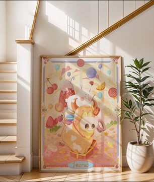 A whimsical Taurus zodiac illustration with playful animals and sweet treats