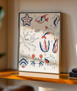 Colorful marine life illustration featuring sea creatures on a dark background