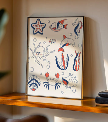 Colorful marine life illustration featuring sea creatures on a dark background