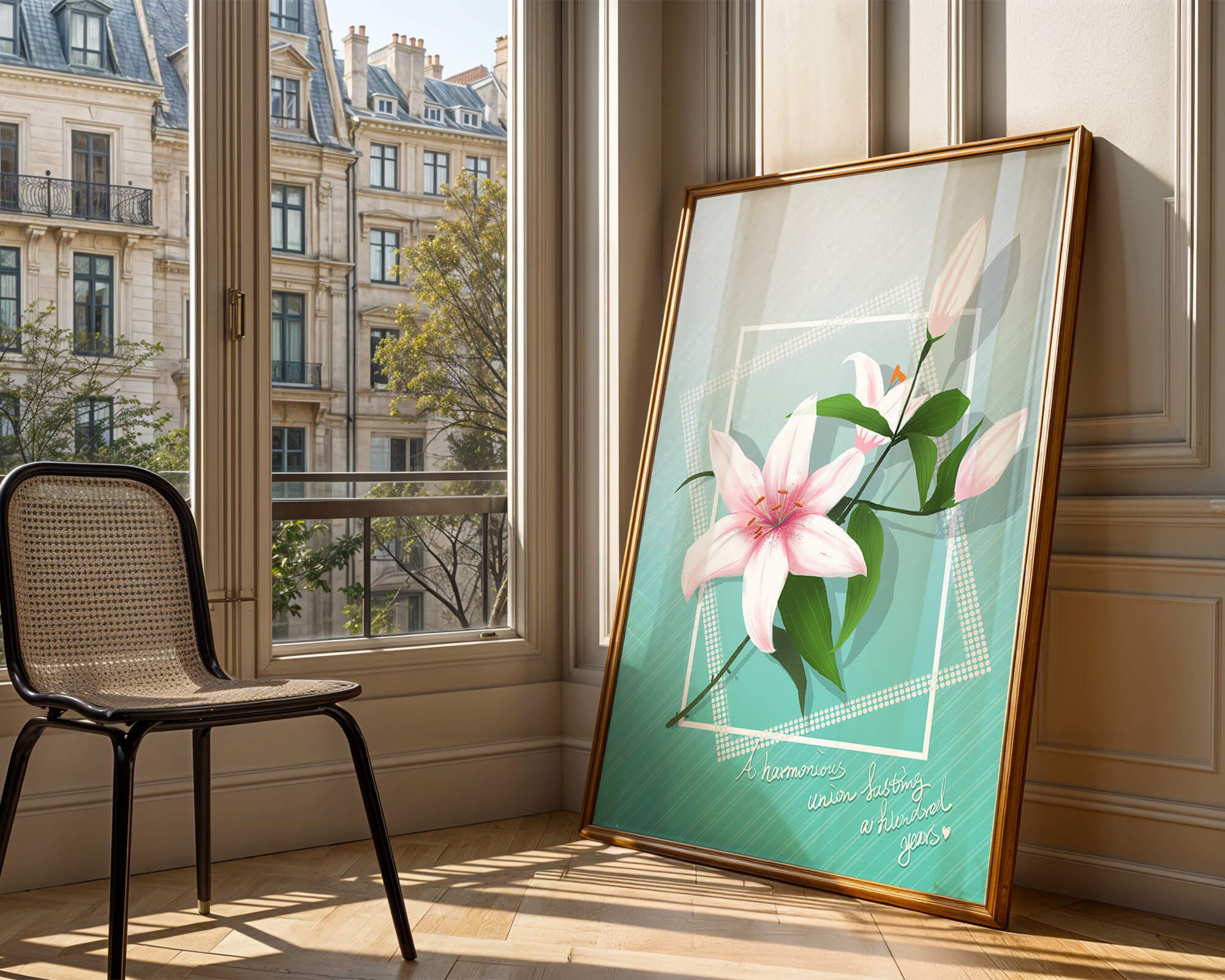 Elegant floral design with pink lilies and modern accents