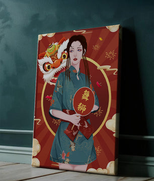 Elegant woman in traditional attire with lion dance mask in vibrant background