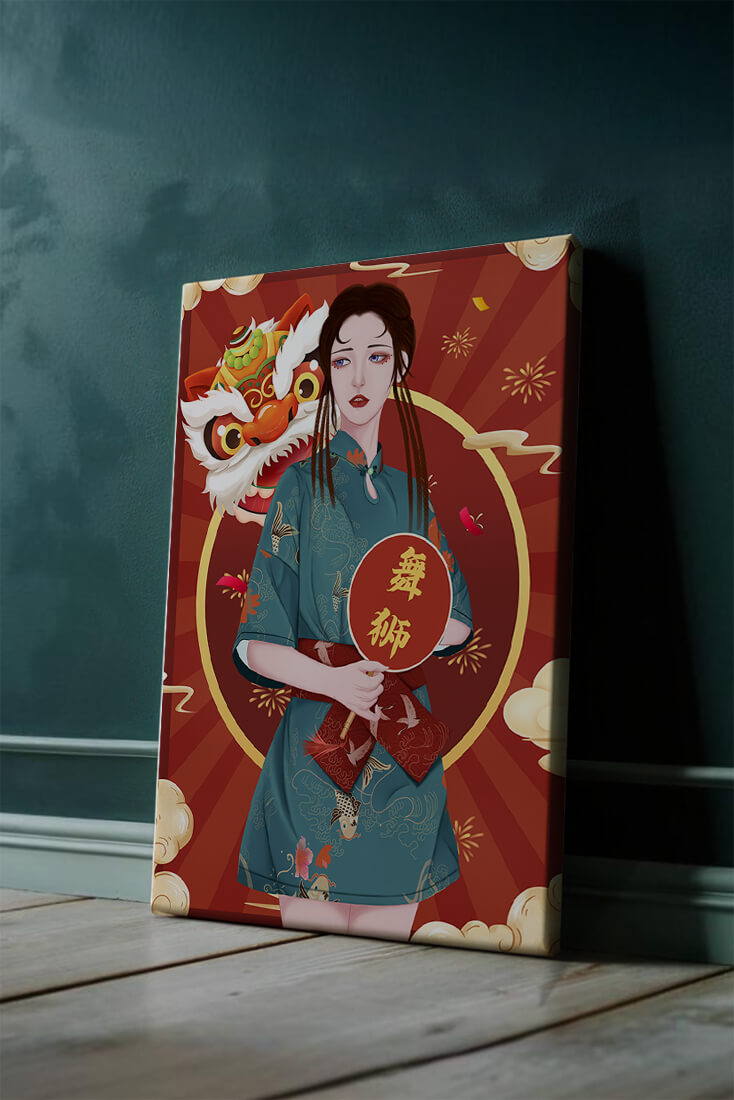 Elegant woman in traditional attire with lion dance mask in vibrant background