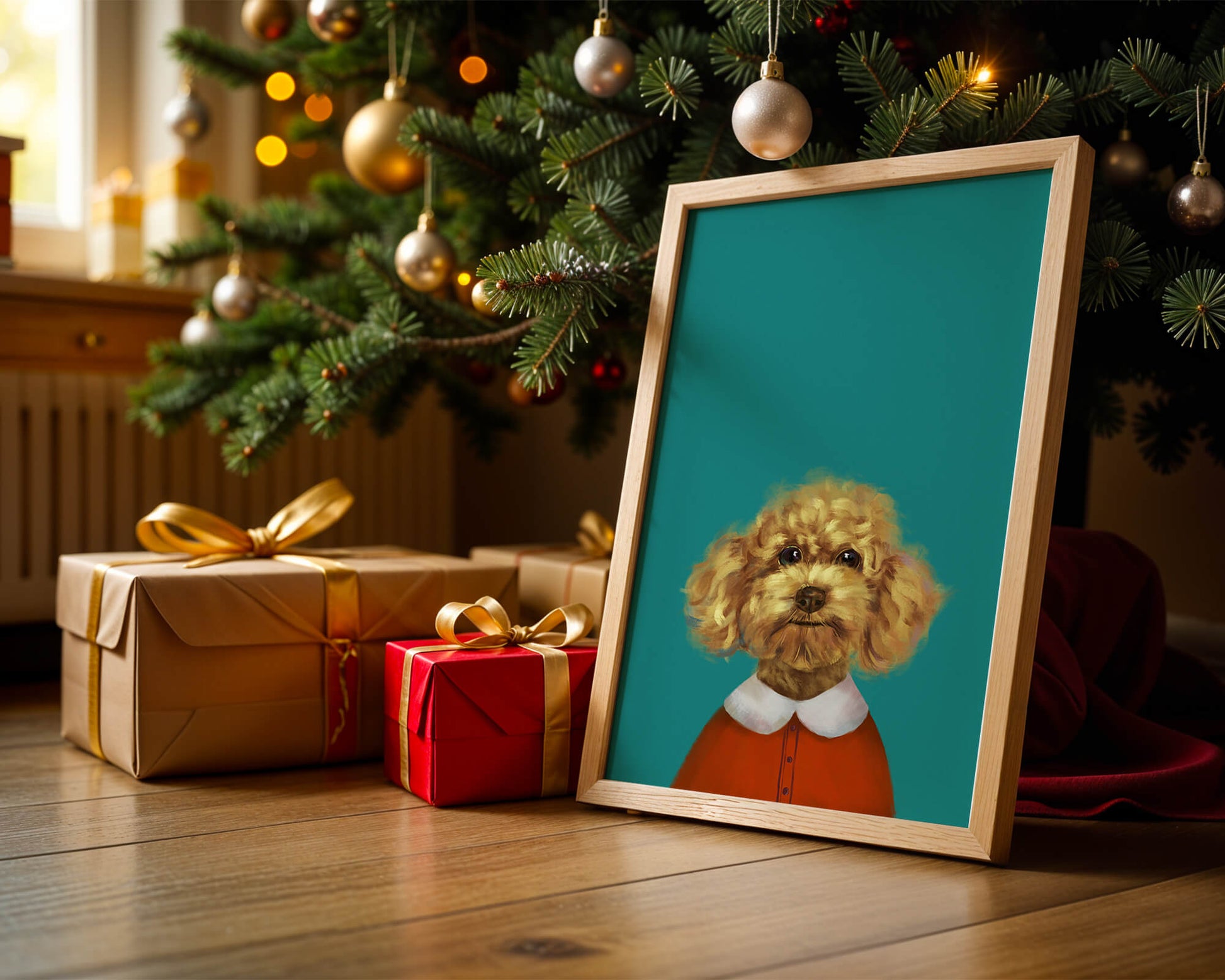 Portrait de caniche charmant en tenue de fête sur fond turquoise