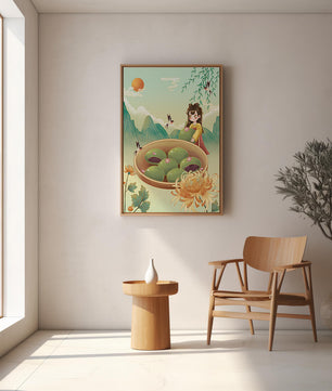 Charming Scene with Traditional Dress and Scenic Landscape Featuring Floral Elements and Birds