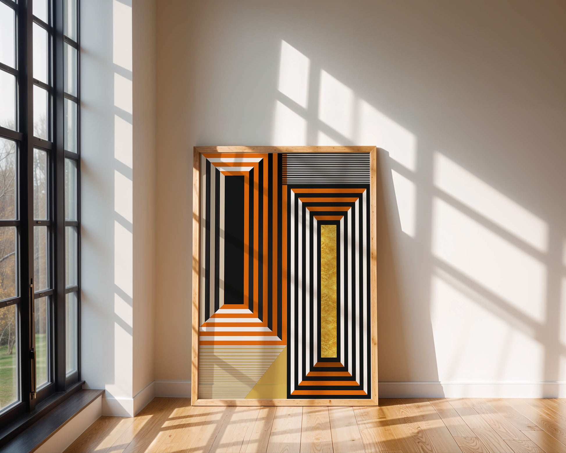 Geometric Abstract Art with Stripes and Gold Element in Orange, Black, and White