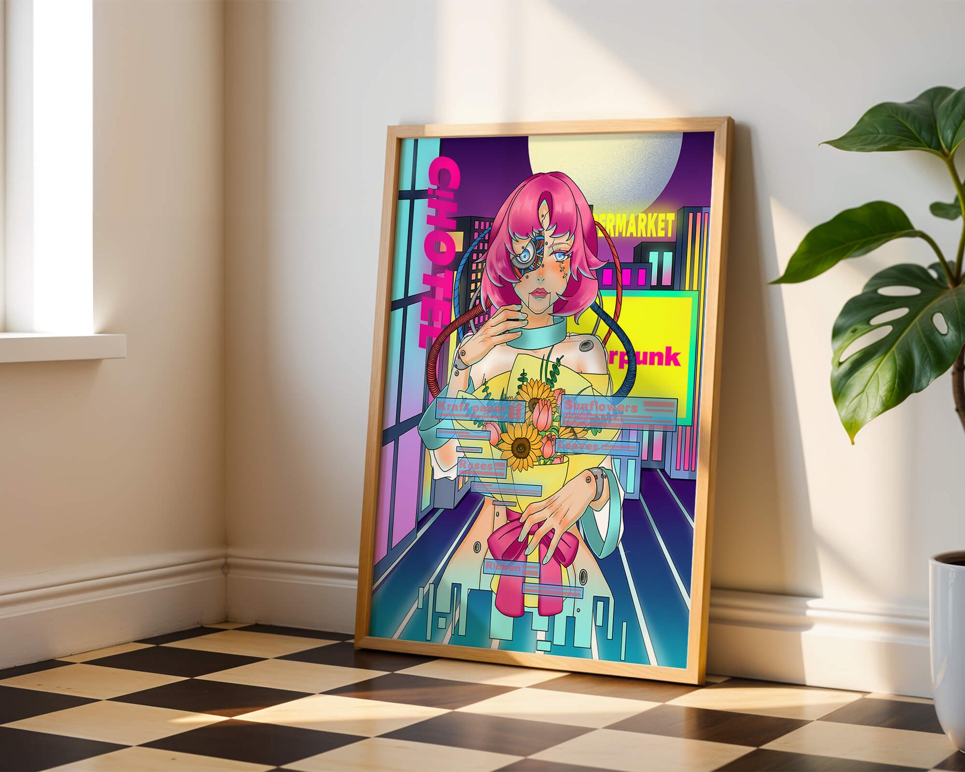 Futuristic cyberpunk woman with a bouquet of flowers in a neon cityscape
