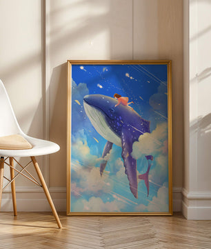 Illustration onirique d'une fille chevauchant une baleine à travers le ciel