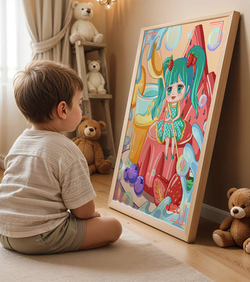 Whimsical dessert scene with cute character and vibrant colors