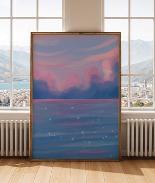 Verträumter Pastellhimmel, der sich in einer glitzernden Wasserlandschaft widerspiegelt 