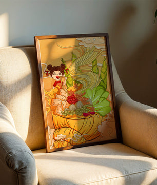 Ilustración colorida de un niño disfrutando de un tazón de fideos con verduras
