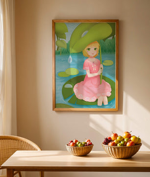 Whimsical Illustration of a Young Girl in a Pink Dress Sitting on a Lily Pad