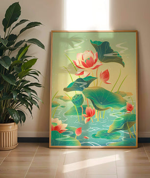 Serene lotus pond with vibrant lilies and lush green leaves