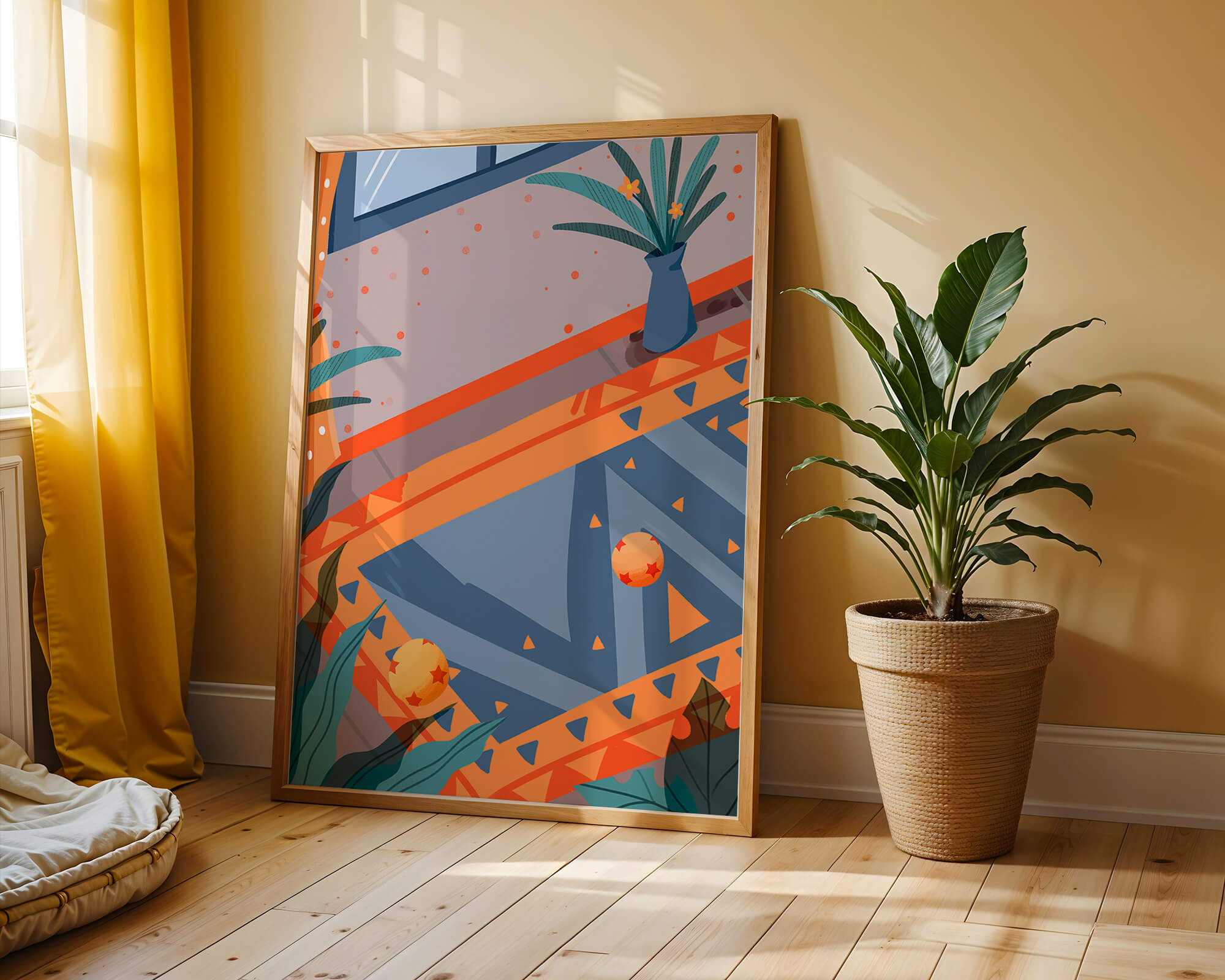 Modern interior with geometric patterns and vibrant colors