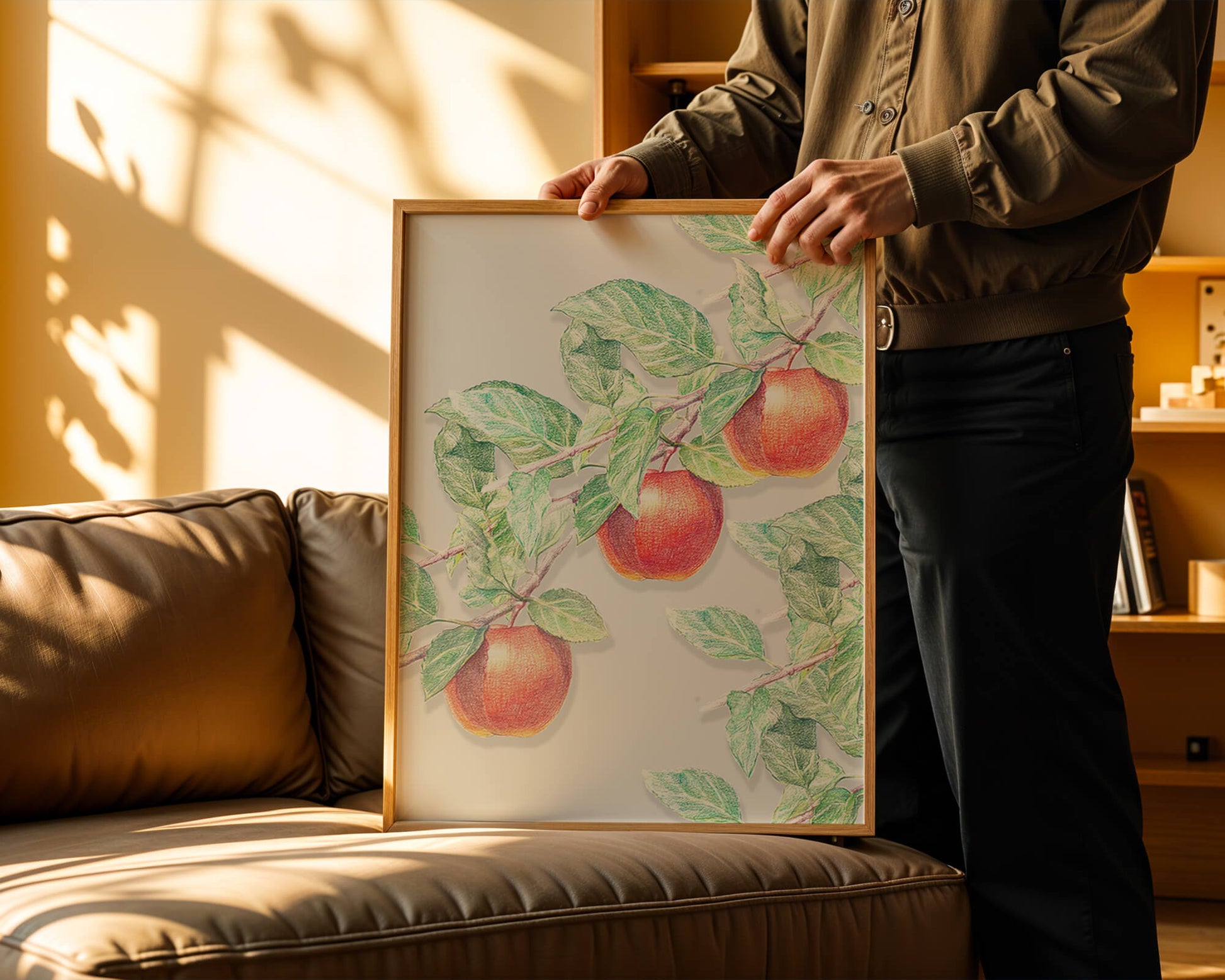 Illustration of Apples on a Tree Branch with Green Leaves