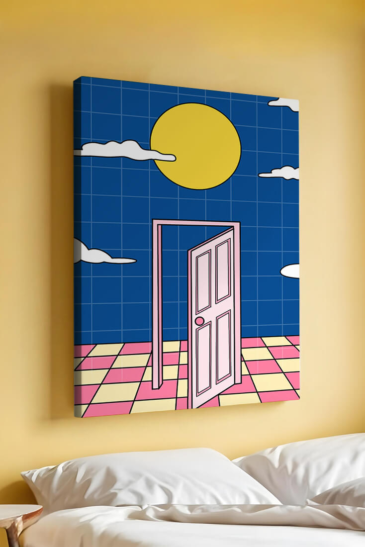Surreal doorway with pink door under yellow sun and blue sky