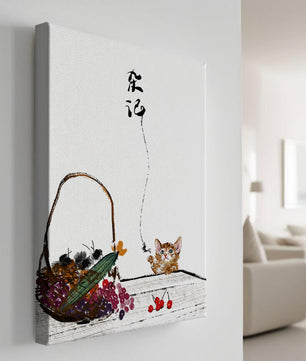 Juguetón gatito con frutas y arte de caligrafía